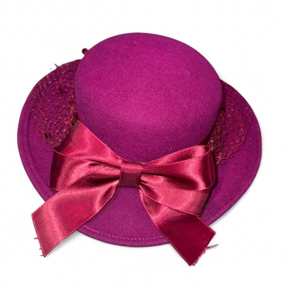 Vintage Ladies Hat Fuscia‎ w/Bow & Netting  Wool